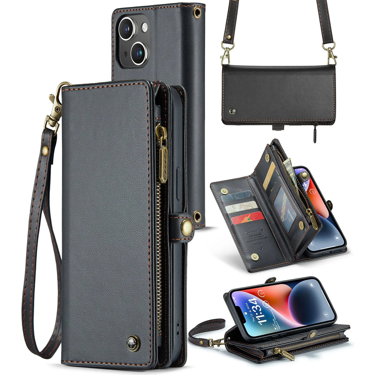 Wallet phone case with card slots, bracket, and lanyard in black, red, pink, purple, or peacock green