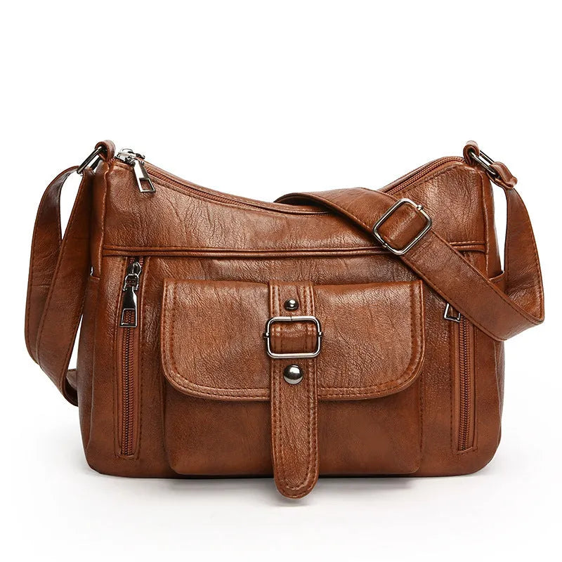 Retro soft PU leather shoulder messenger bag, 27x20x10cm, in black, brown, blue or purple, with sandwich pocket.