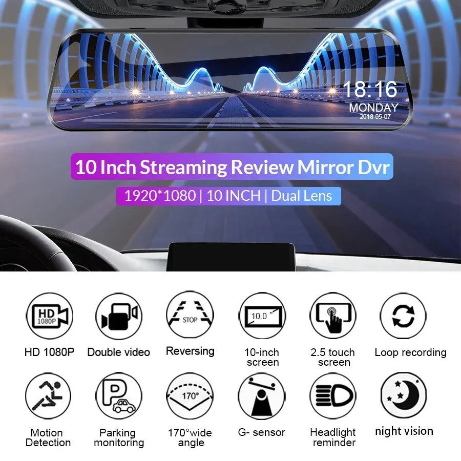 Car rearview mirror camera with 9.88 inch touch screen, motion detection, WiFi, and 1080p recording