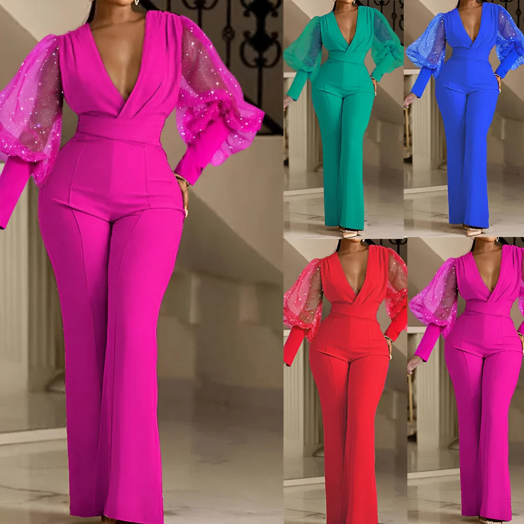 Women's mesh stitching jumpsuit with long sleeves, elastic waist, and wide leg trousers in red, rose, green, or blue
