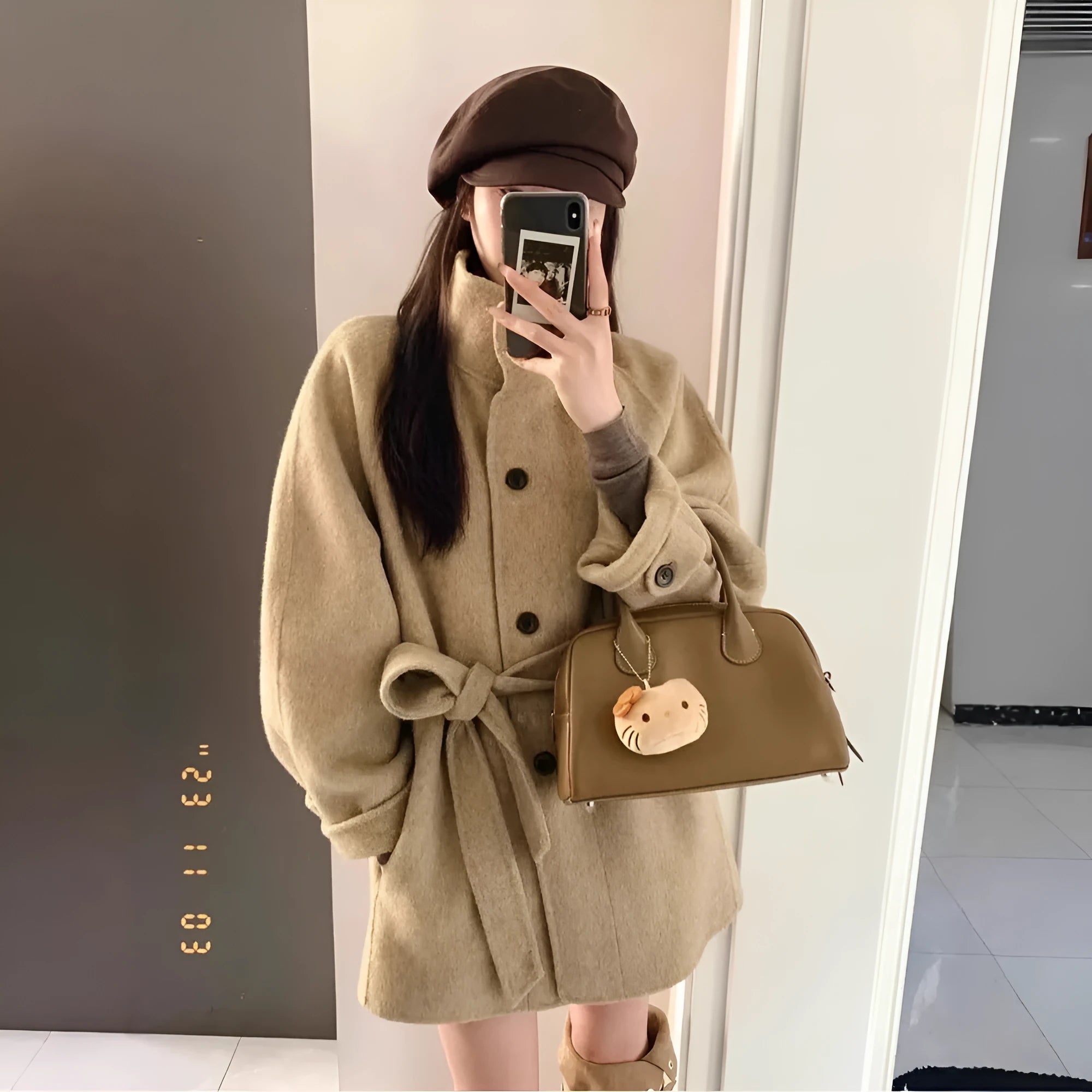 Korean style short woolen coat in black with button front, conventional sleeves, medium thickness, polyester fabric