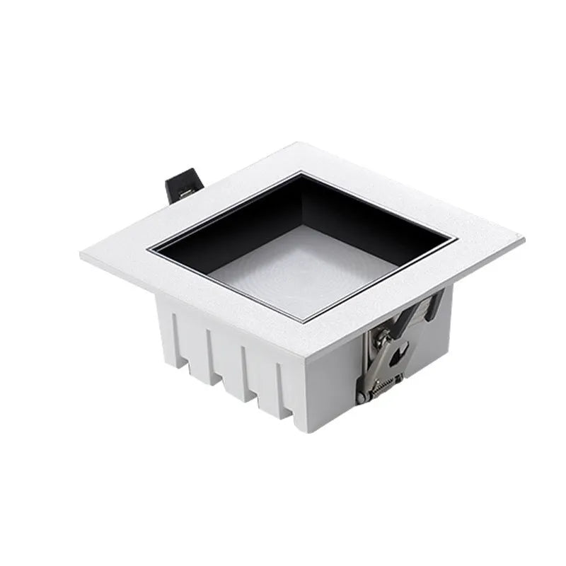 LED ultra-thin square downlight recessed in ceiling grid grille, aluminium shell, side view of flush mount installation