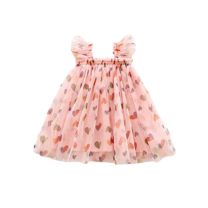 Summer cute heart printing mesh girl dress with cotton lining, apricot love colour, front view on child