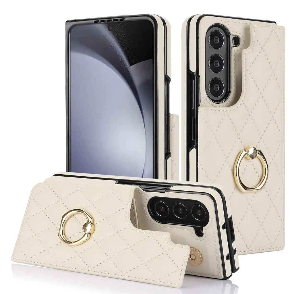 PU leather folding phone case for Samsung Z Fold 5, 4, 3 and 6 with ring stand and double buckle in black, blue, purple, red, rose gold or white