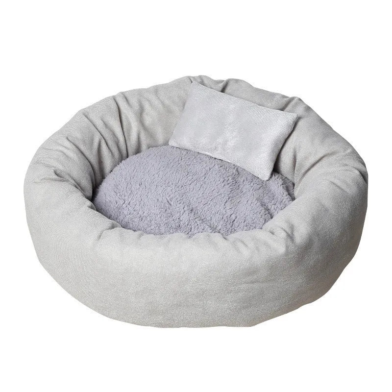 Winter warm PP cotton dog bed in light grey with optional pillow, showing circular design