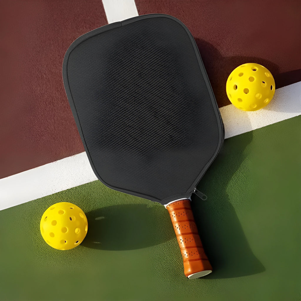 Black neoprene protective sleeve for a table tennis racket on a plain background.