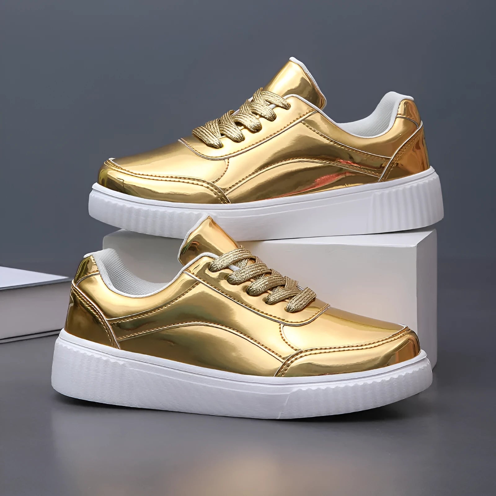 Rose gold sequinned platform sneakers with a thick MD sole and round toe on a white background.