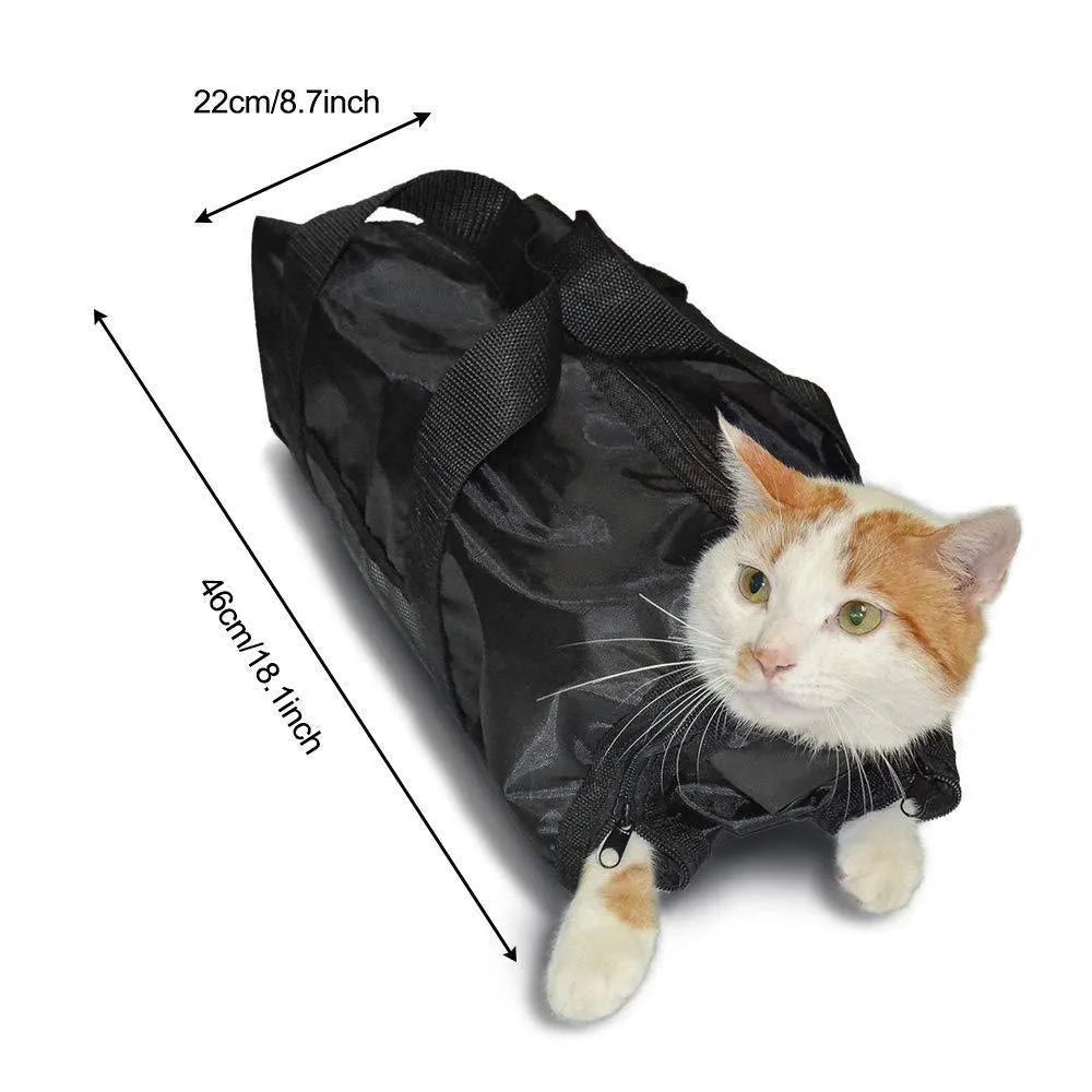 Black 420D Oxford fabric cat washing and medicine feeding bag, shown folded and unfolded.