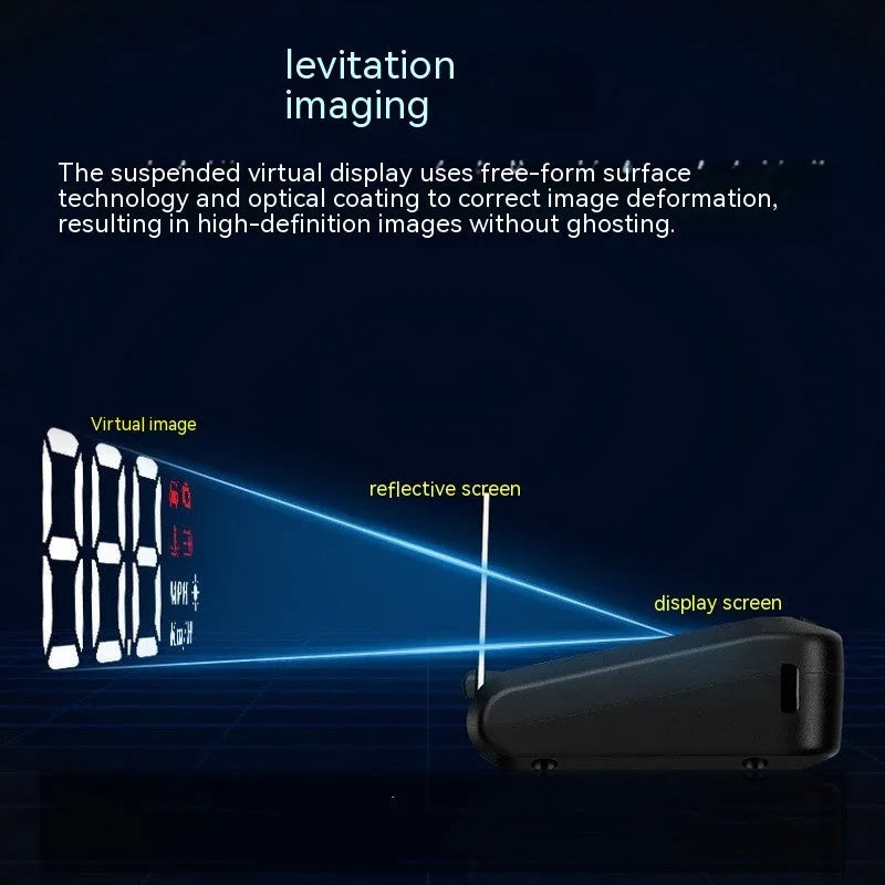Black car head up display unit with OBD connector and 2.0 inch screen.