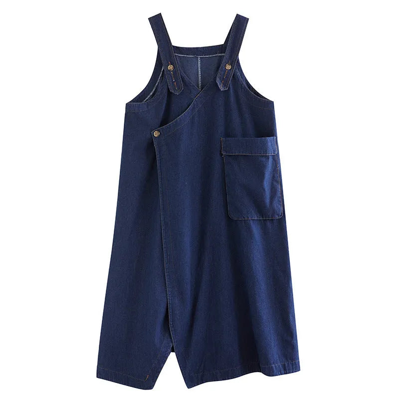 Blue loose fit denim suspender skirt for women in size L to XXXL