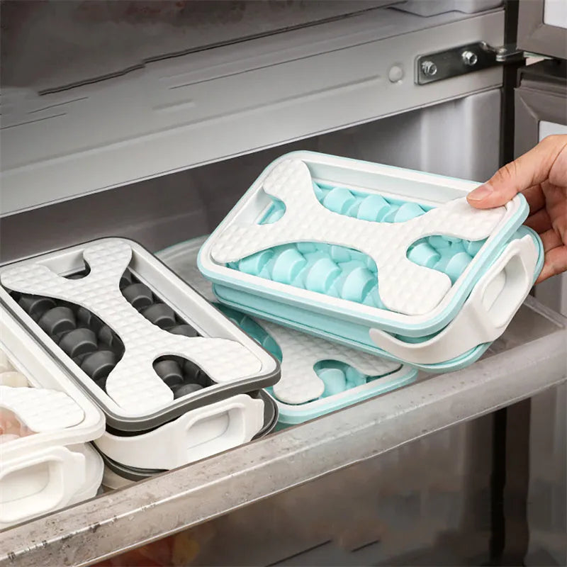 Portable silicone ice ball mould and water bottle in light grey, sky blue, or white, showing 2-in-1 design.