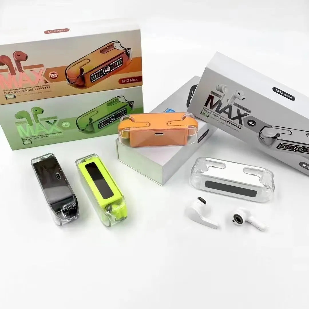 M12 MAX wireless Bluetooth in-ear headset with digital display, shown in black, white, orange red and green