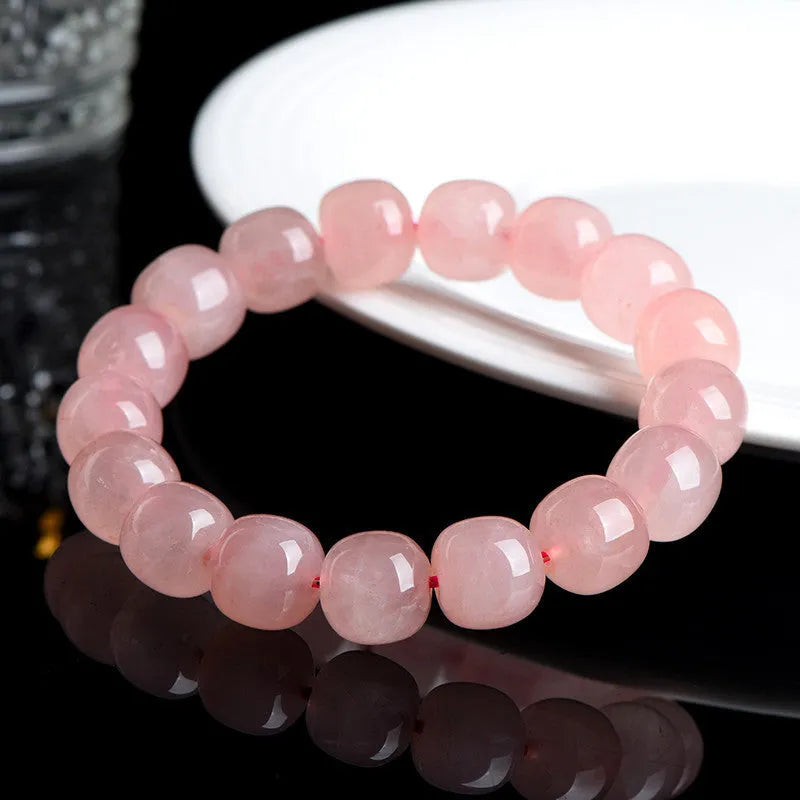 Natural pink crystal barrel bead bracelet geometric design 8x10mm