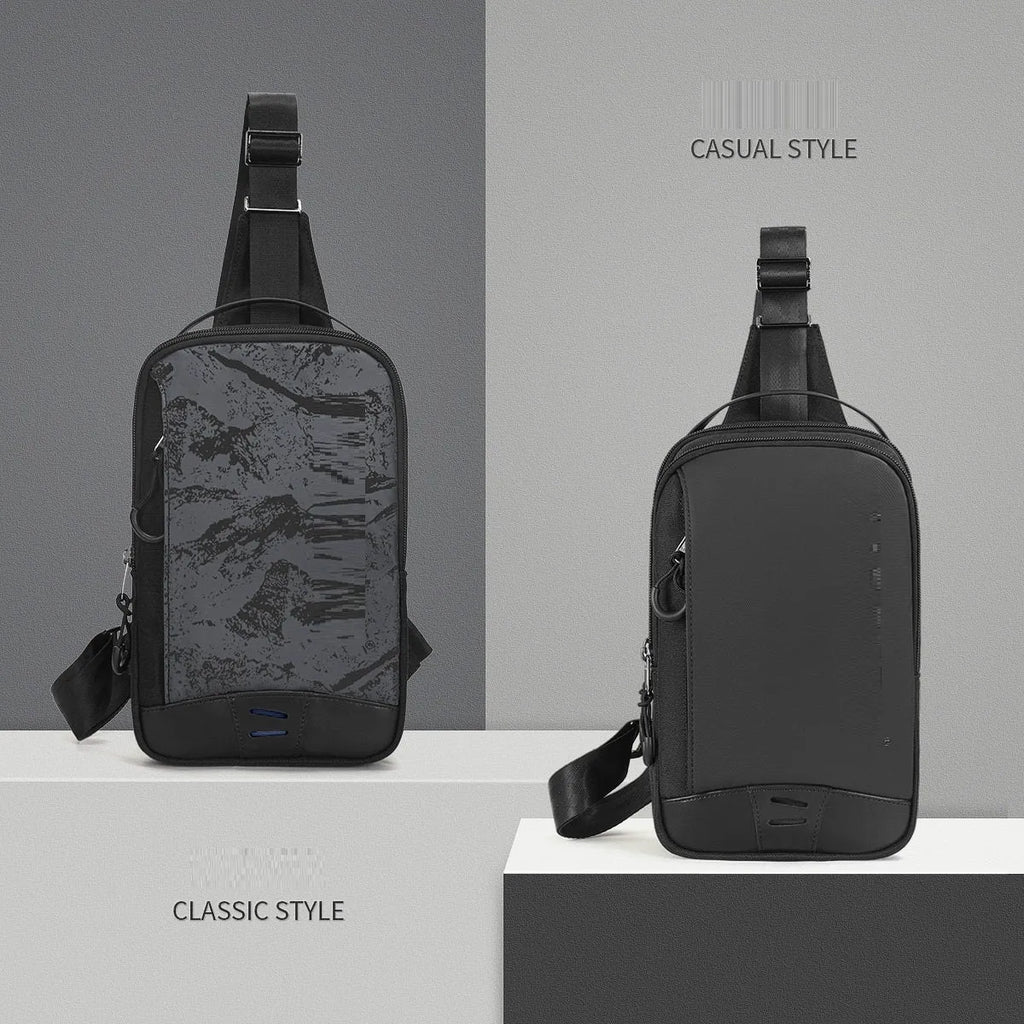Casual black camouflage print chest bag with adjustable shoulder strap and top handle on a person