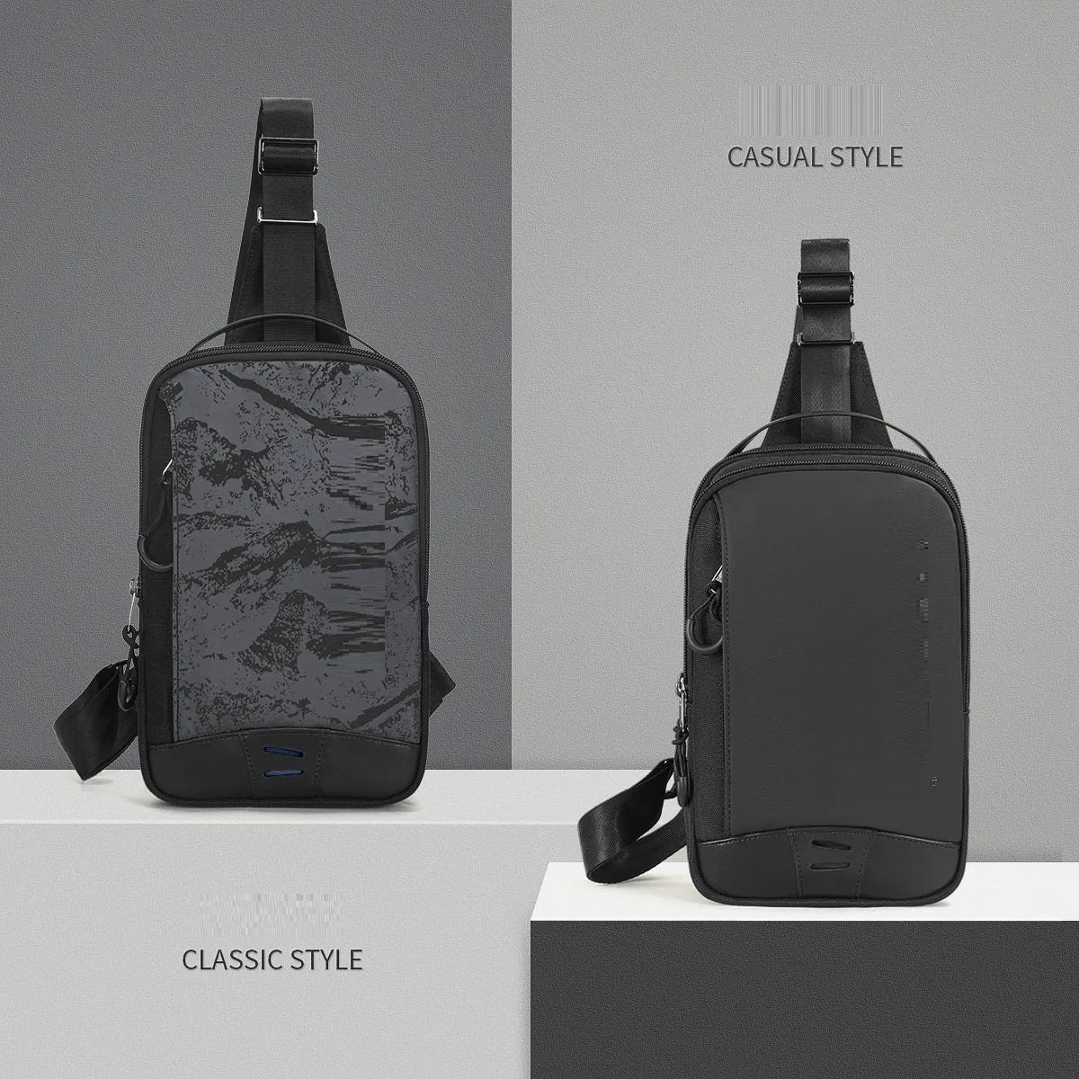 Casual black camouflage print chest bag with adjustable shoulder strap and top handle on a person
