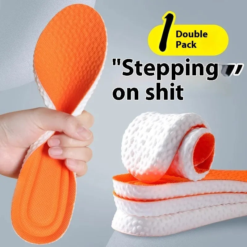 Grey, black, and orange PU foam sports insoles shown on a size chart from 35 to 46.