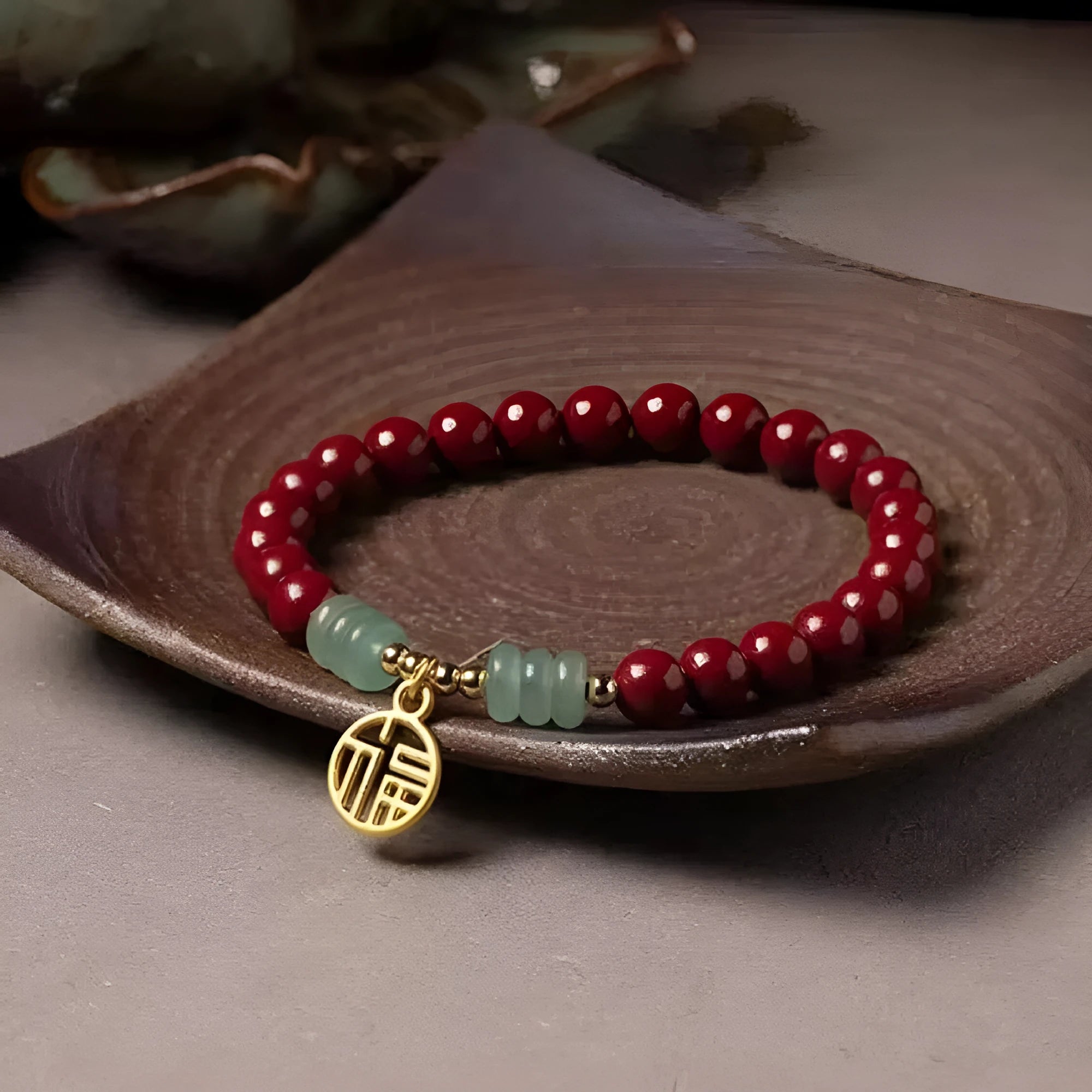 Traditional Chinese cinnabar and copper bead bracelet with wave shape design in national style