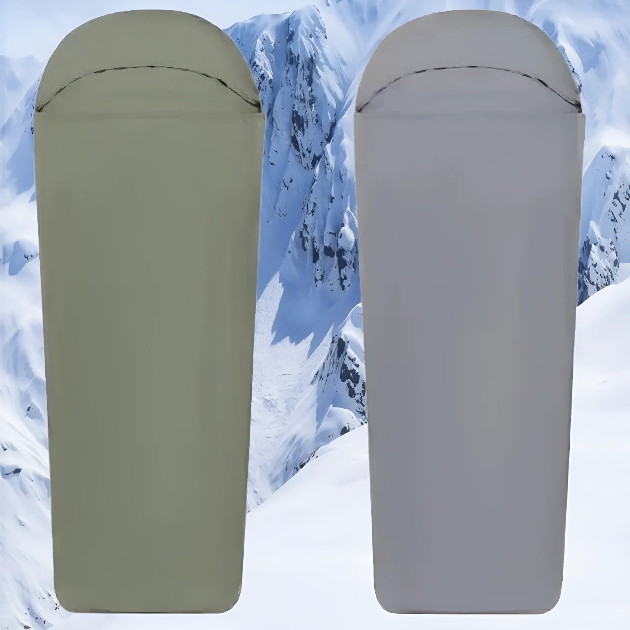 Blue lightweight mummy-style nylon sleeping bag with tapered foot, shown rolled up for travel.