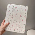 Transparent floral patterned iPad case showing three-fold magnetic stand positions