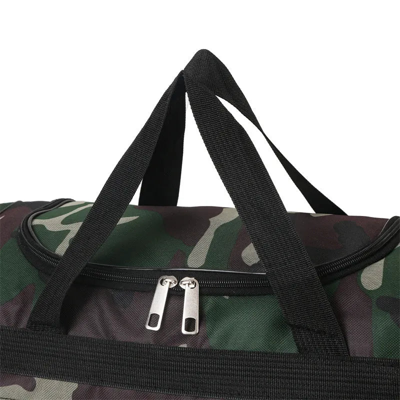 Green camouflage waterproof fabric luggage bag with striped polyester lining.