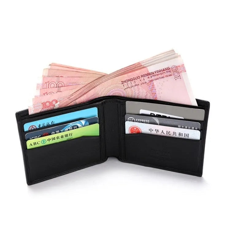 Cowhide leather wallet with pearl fishskin lining in horizontal square design