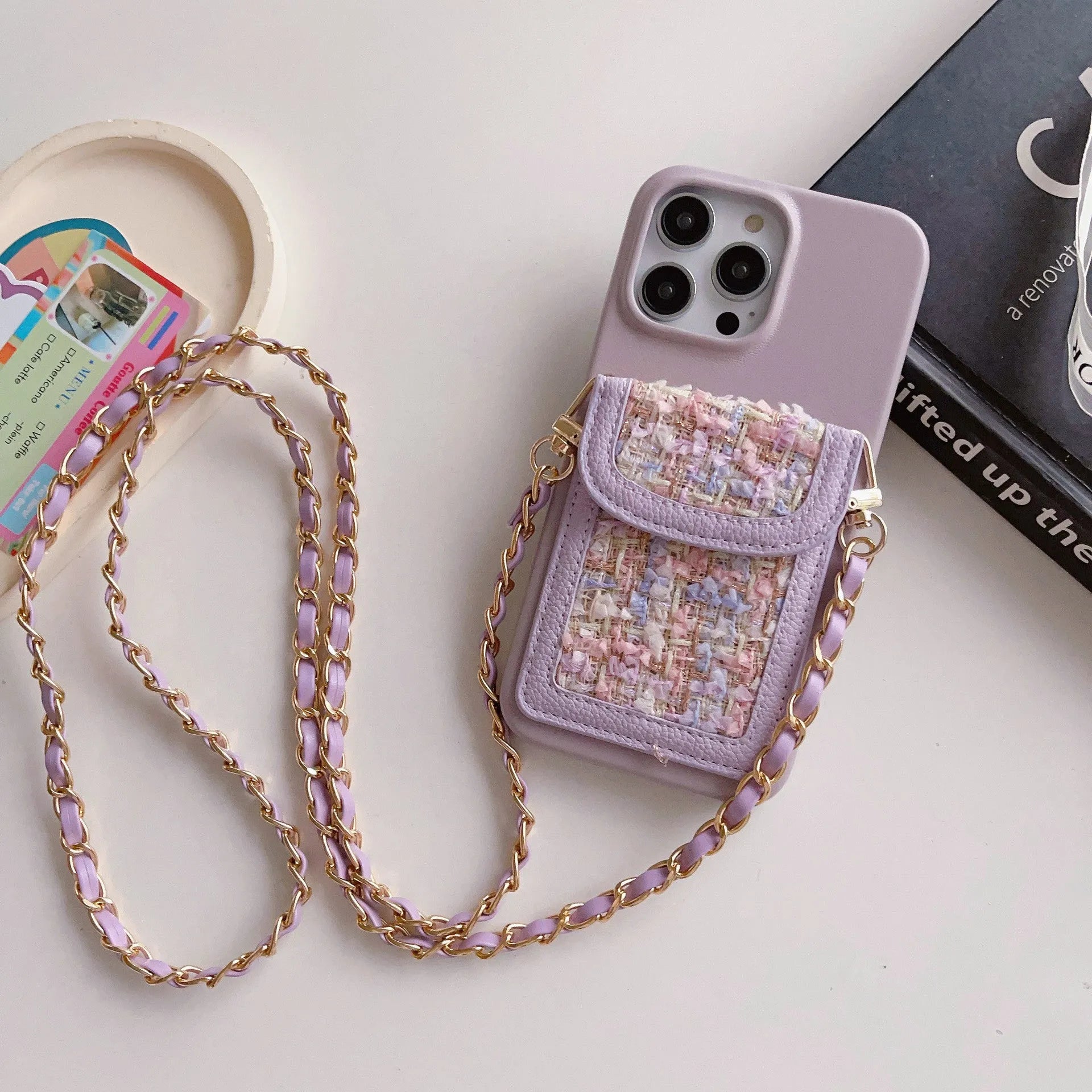PU leather crossbody chain card holder phone case for iPhone, woven pattern, frosted finish, black colour option