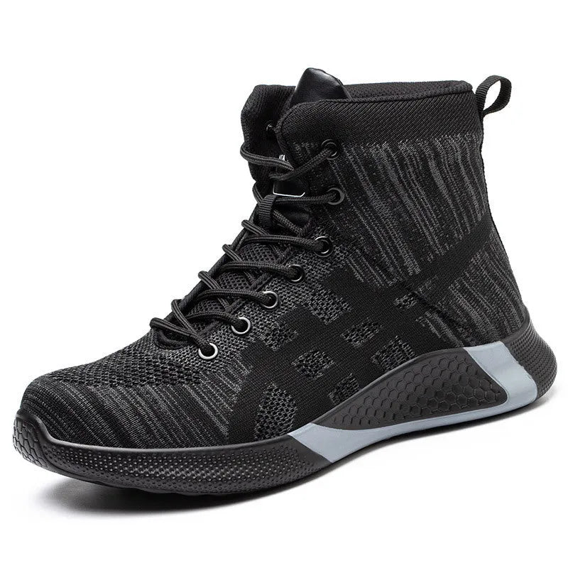 Winter plush safety boots for men with steel toe, anti-puncture sole, and lace-up design in black