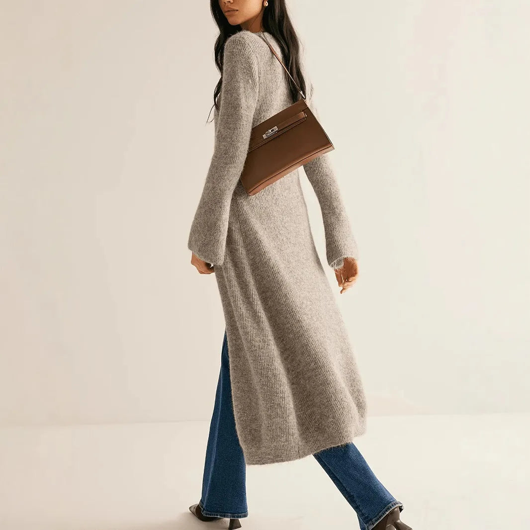 Khaki French style retro long sleeve coat cardigan with button front on display for commute and daily wear
