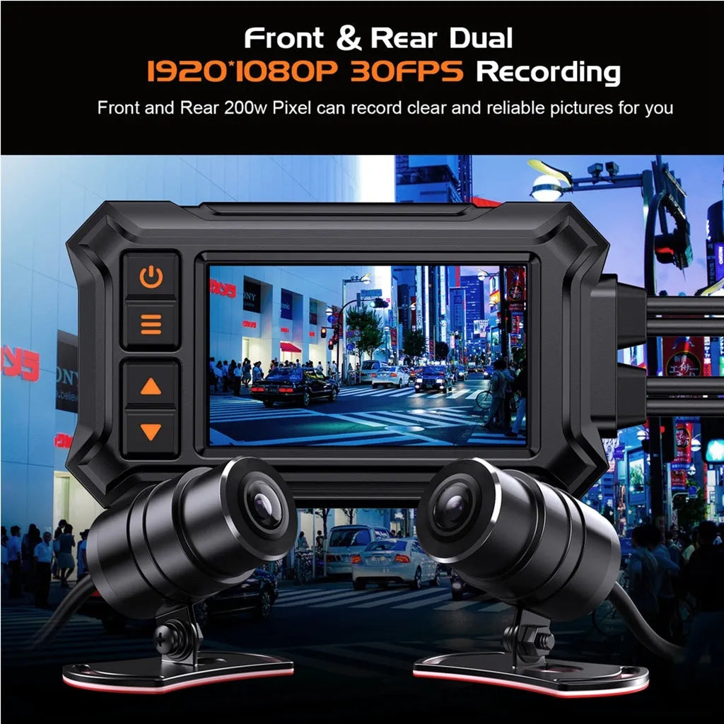 Motorcycle dual-lens GPS tachograph dash cam with accessories on a black background.