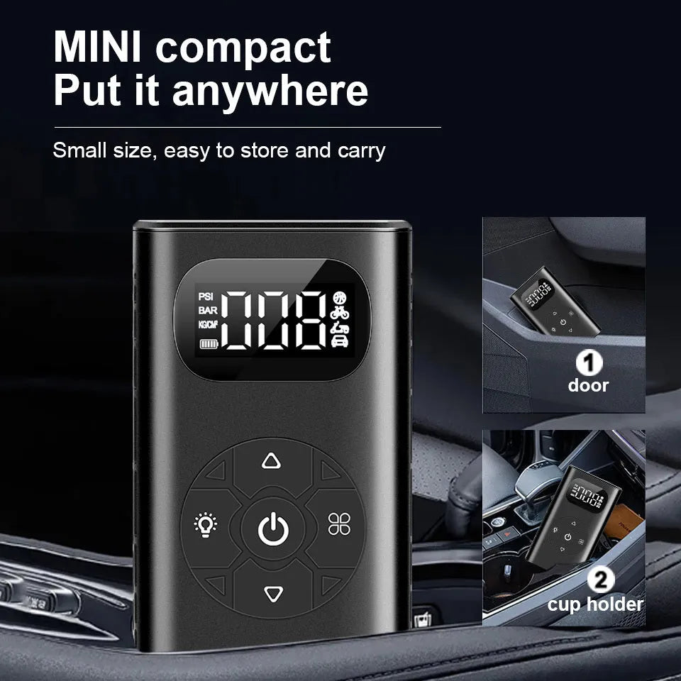 Black M09X portable tyre inflator power bank with aviation aluminium casing and a 16cm hose.