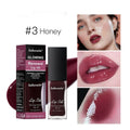 Lip gloss tube showing seven colour options including coral, honey, jam, pink, red, and rose variants