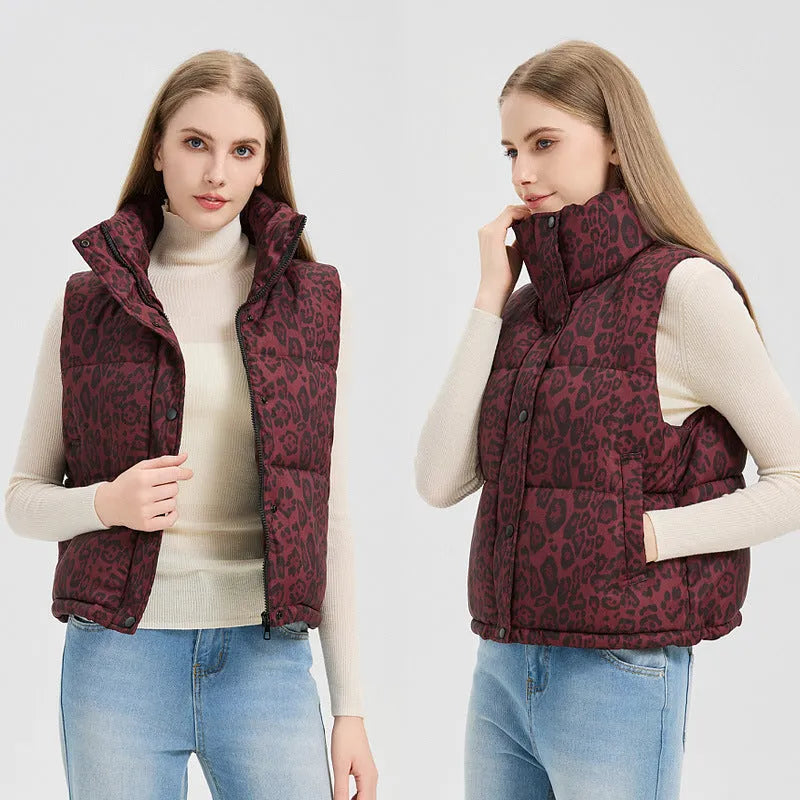 Leopard print stand collar loose fit thick polyester vest for women with pockets in khaki colour