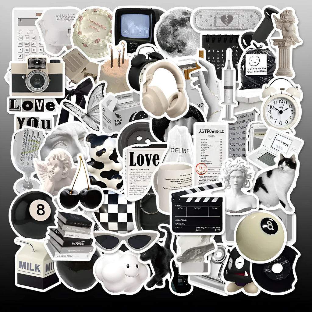 61 black and white waterproof PVC stickers for laptops, phones, and luggage decor.