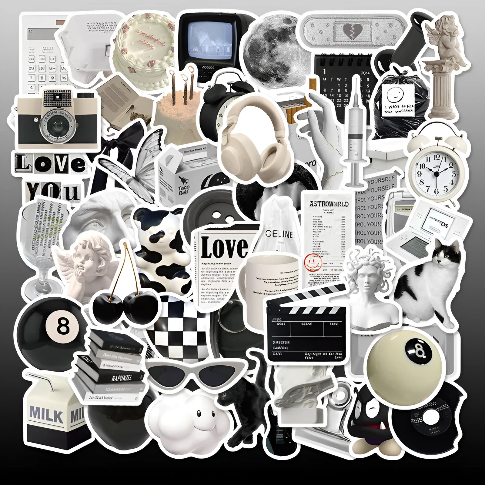 61 black and white waterproof PVC stickers for laptops, phones, and luggage decor.
