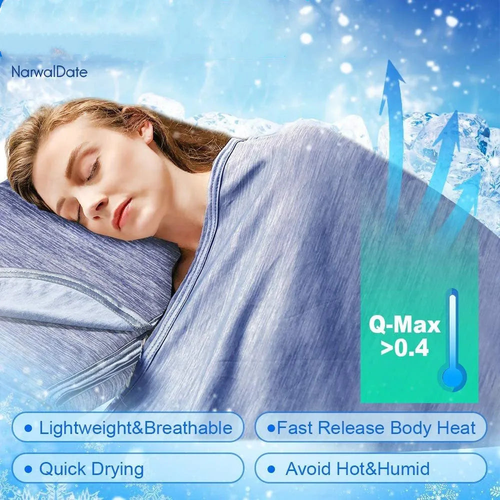 Cooling blanket in blue, grey, and pink colours on a bed, showing the polyester weave and Q-Max cooling fiber technology