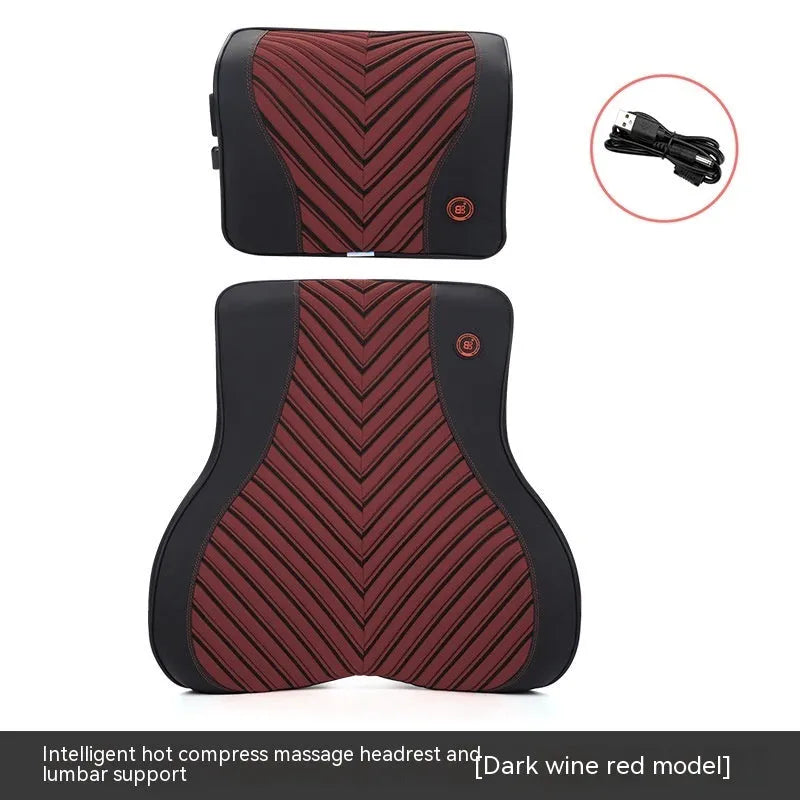 Car electric massage heating headrest and lumbar support cushion in black and orange colour