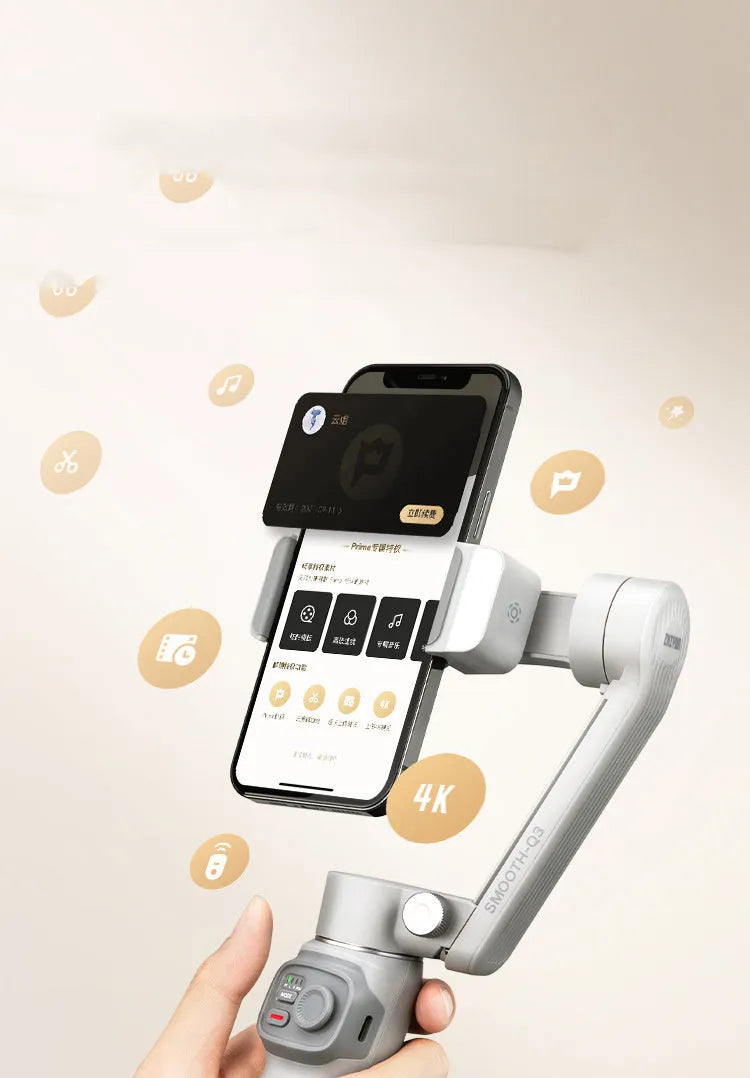 Zhiyun SMOOTH Q3 alloy smartphone gimbal with tripod and USB cable on white background