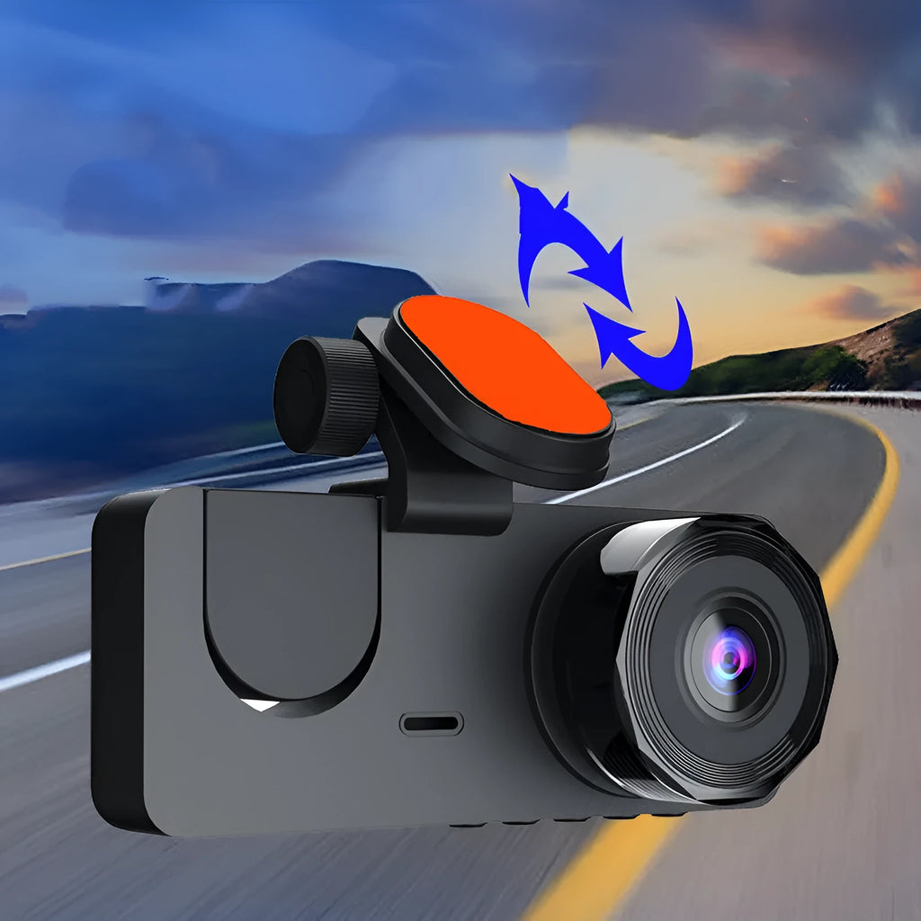 Black touch-screen car dashcam for 1080P front and rear recording with 170 degree wide angle lens