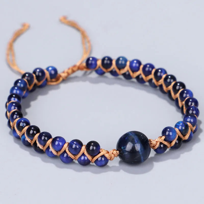 Handmade woven geometric pull bracelet in blue Tigereye or purple Amethyst stone beads on wrist