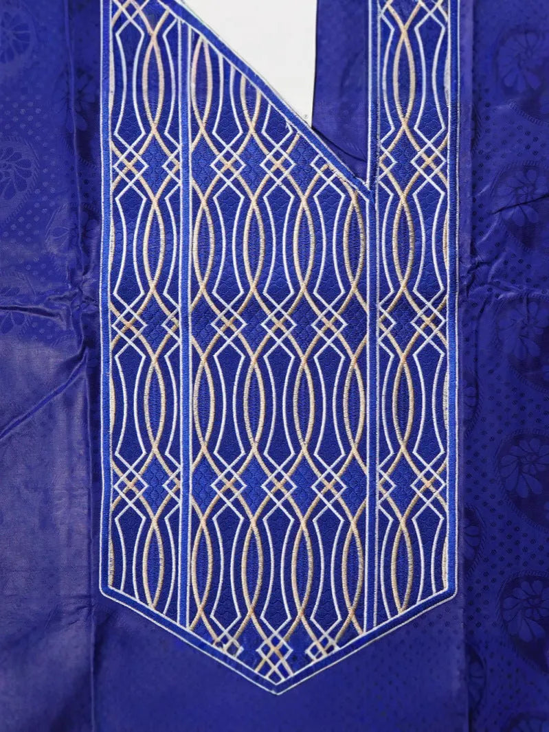 Plus size men's figured cloth three-piece suit in dark blue, including outer robe, shirt, and trousers, Asian sizes L-4XL