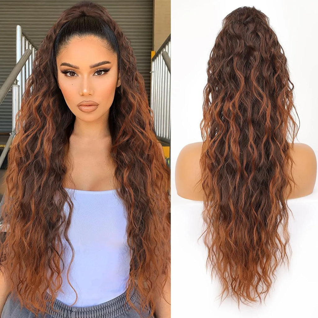 Long, fluffy curly synthetic ponytail wig in a high temperature fibre, shown in a 30-inch length.