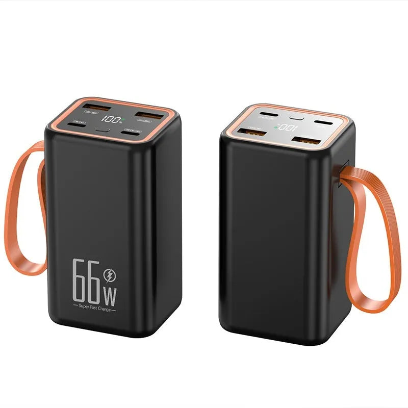 Black and white PD66W 20000mAh fast charge power bank showing front view and size.
