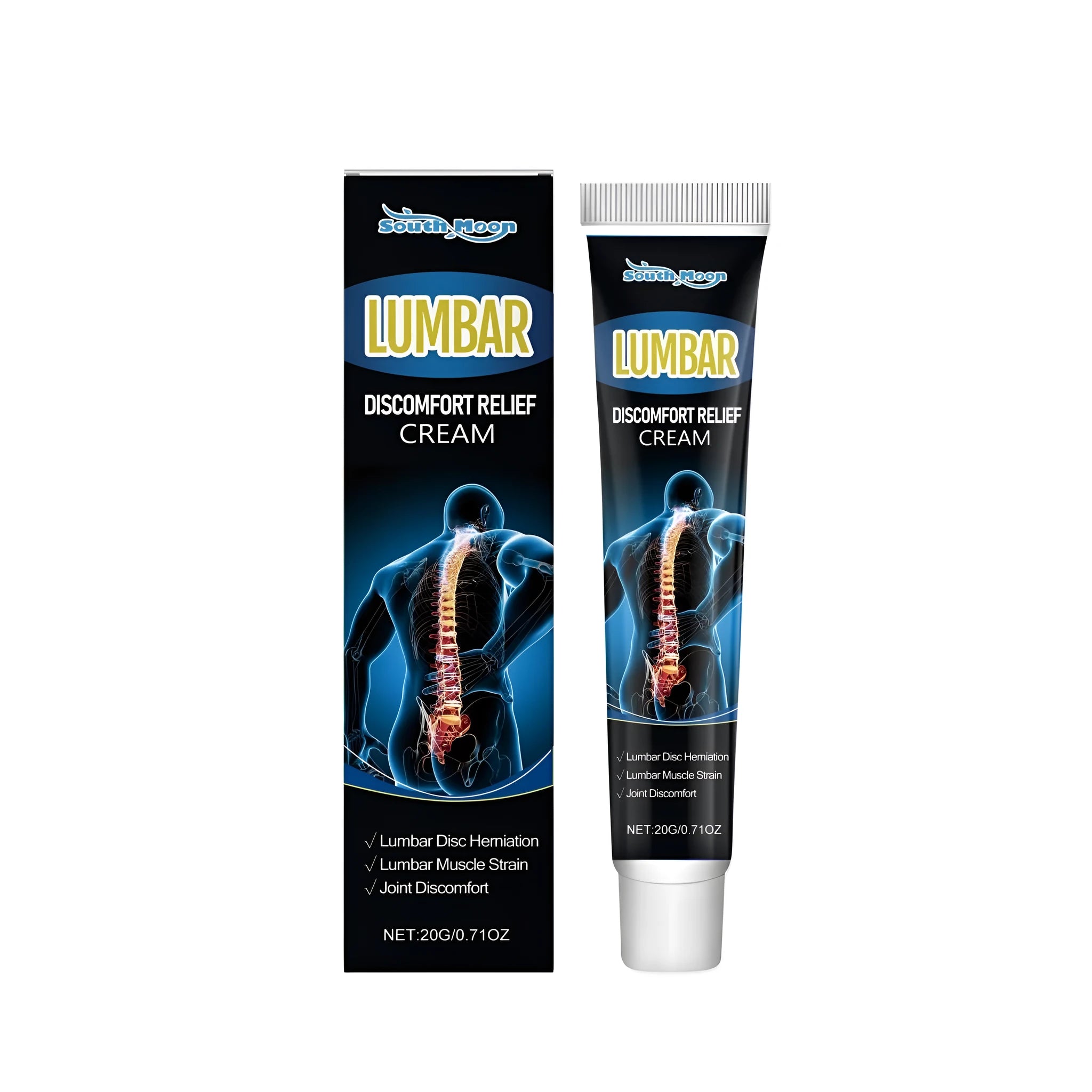 A 20g tube of lumbar joint relief cream with mint leaves, menthol, camphor, and tea tree oil
