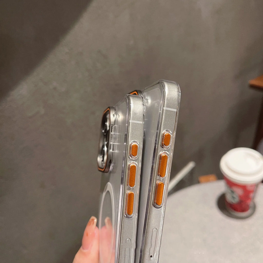 Transparent magnetic bracket phone case for iPhone 14 and 15 series with aluminium alloy frame