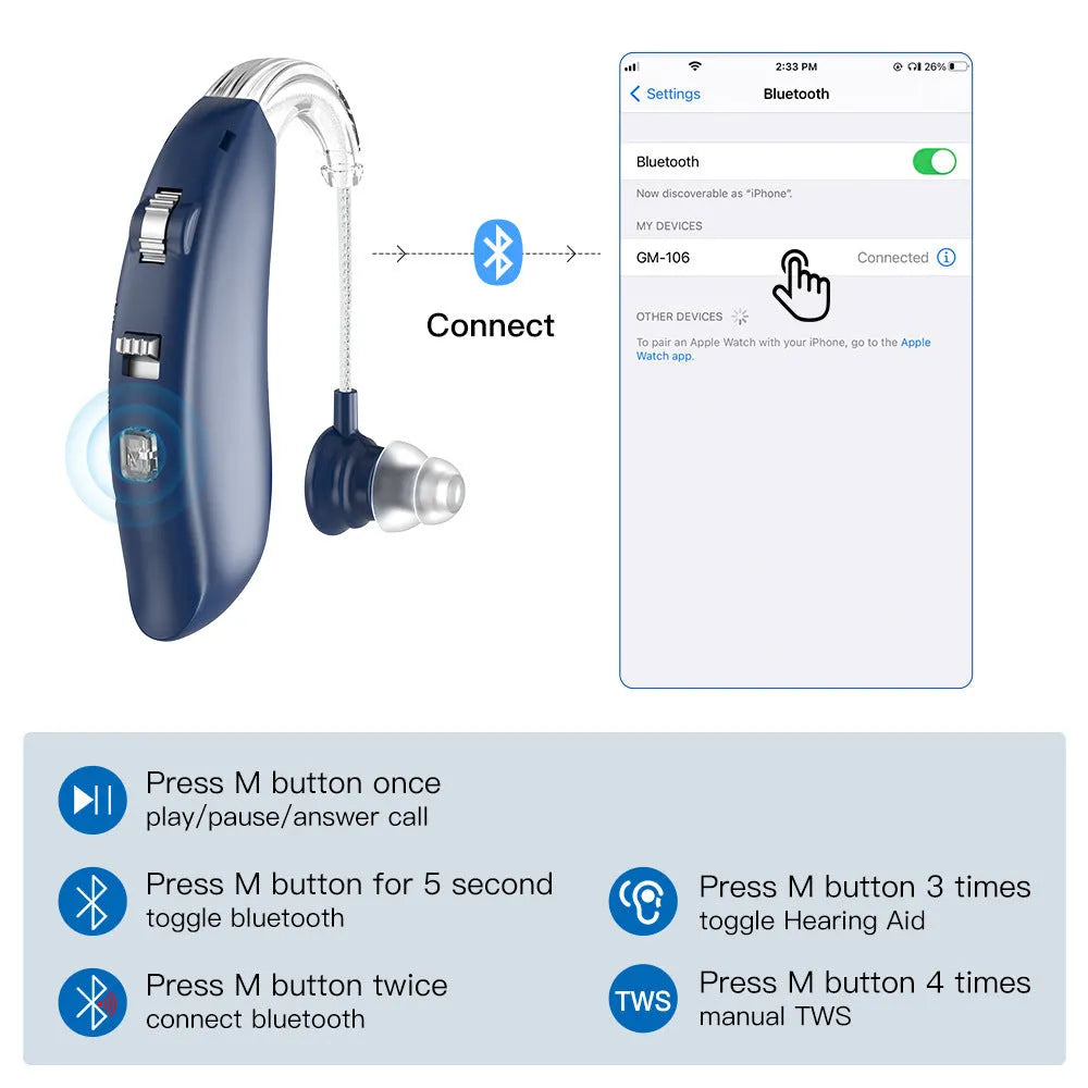 Digital Bluetooth hearing aid in skin colour with Type-C charging cable for elderly users