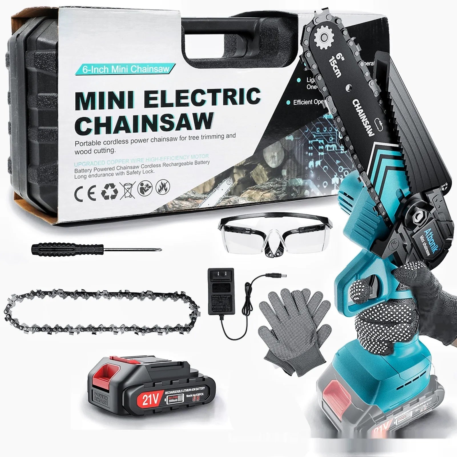 Handheld electric chainsaw with 6-inch chain, two lithium batteries, safety goggles, gloves and storage box