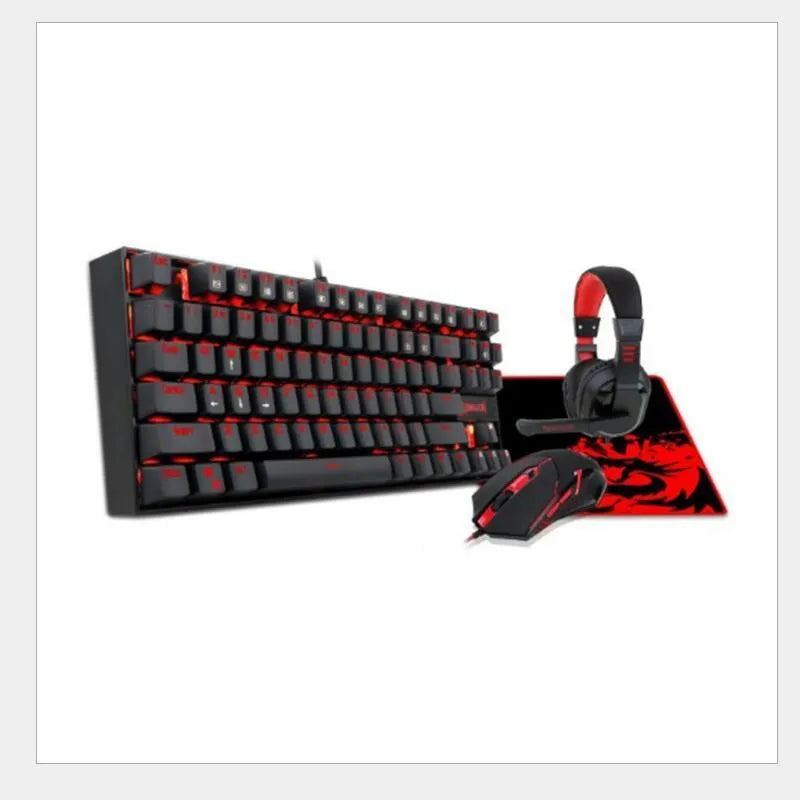Monochrome luminous wired mechanical gaming keyboard set with green axis switches, USB mouse, mouse pad, and headphones in black or white