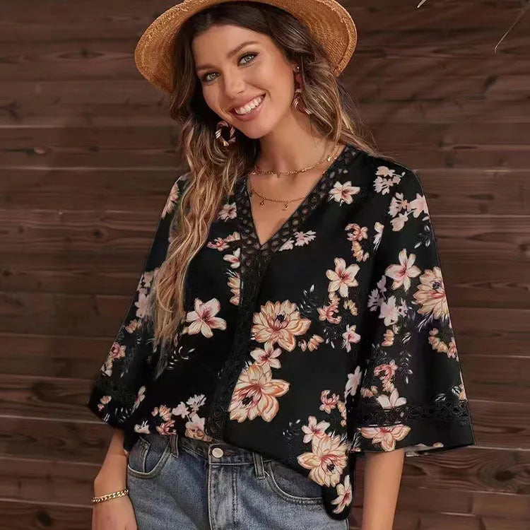 Loose V-neck bell-sleeve lace top for women in print and patchwork design, half sleeve pullover style