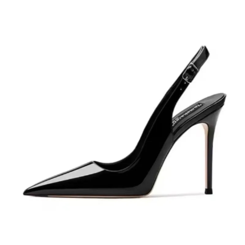 Women's nude high-heeled sandals with an ankle strap and hollow design.