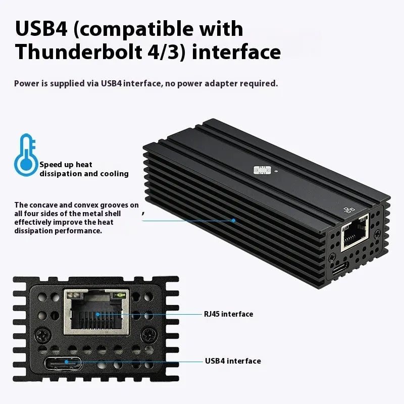 Black Leyu USB4 to 10 Gigabit RJ45 network adapter with a short attached cable